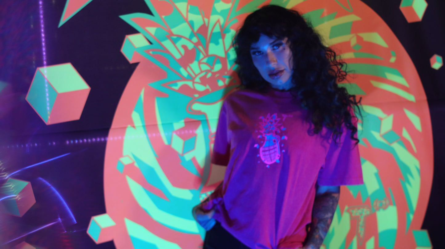 100% Cotton Pink Acid Wash Over Sized Hip Hop Short Sleeve Neon Magenta & Solar Blue