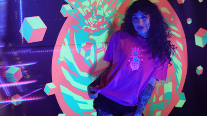 100% Cotton Pink Acid Wash Over Sized Hip Hop Short Sleeve Neon Magenta & Solar Blue