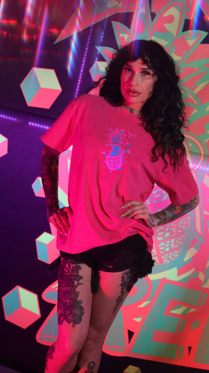 100% Cotton Pink Acid Wash Over Sized Hip Hop Short Sleeve Neon Magenta & Solar Blue