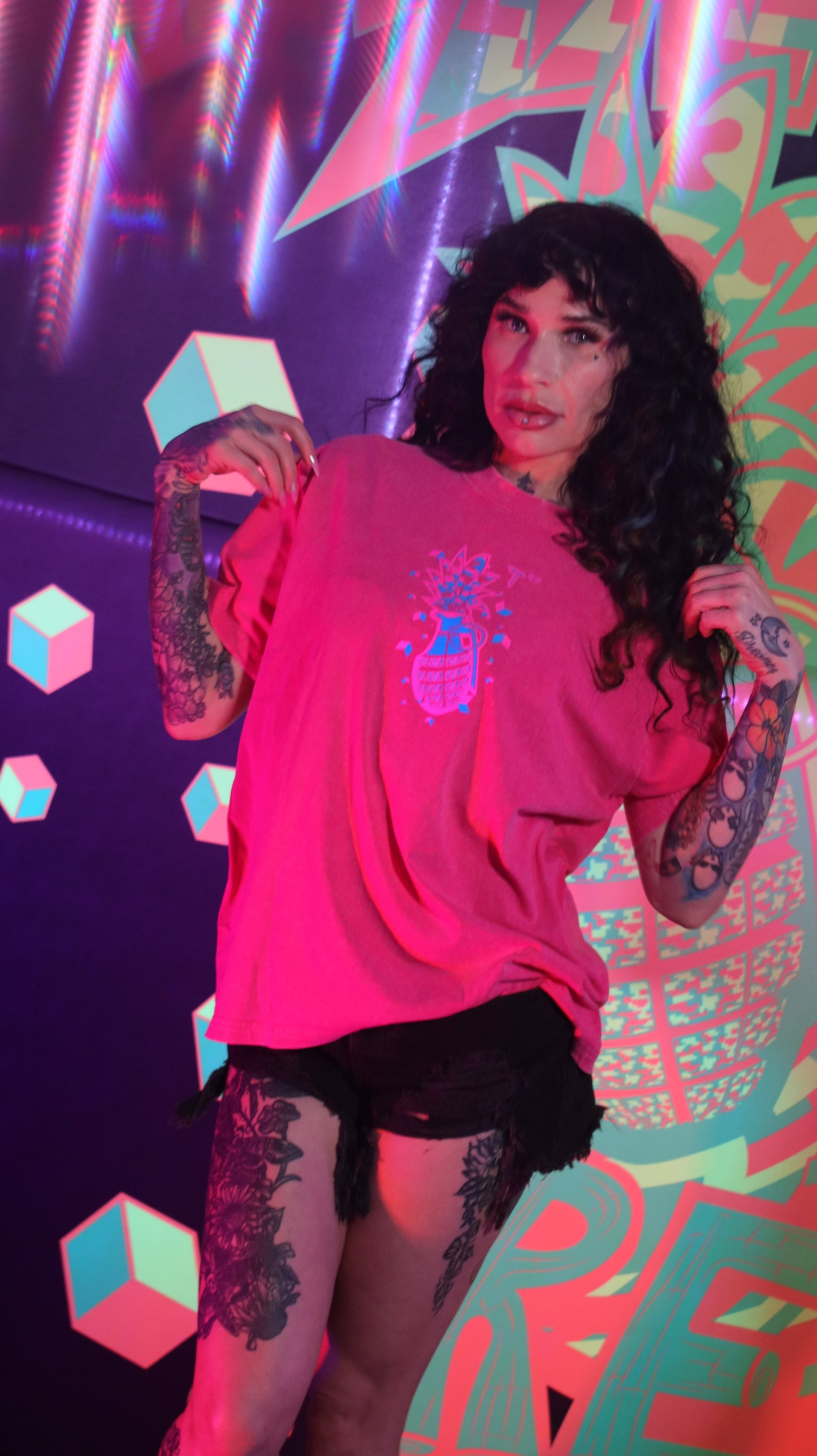 100% Cotton Pink Acid Wash Over Sized Hip Hop Short Sleeve Neon Magenta & Solar Blue