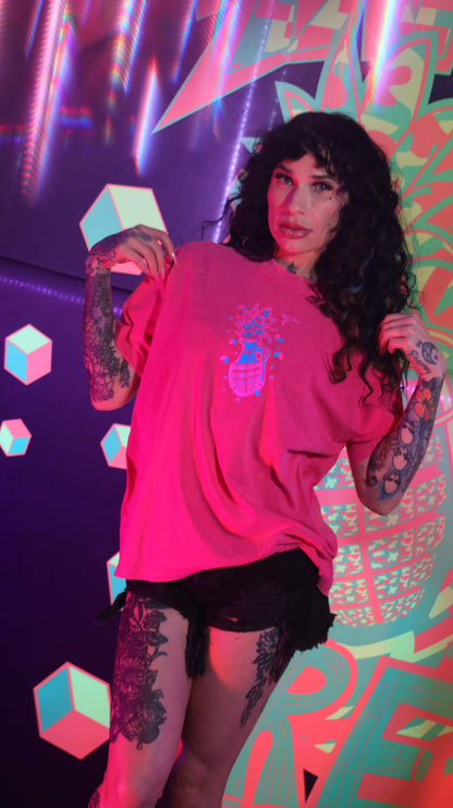 100% Cotton Pink Acid Wash Over Sized Hip Hop Short Sleeve Neon Magenta & Solar Blue