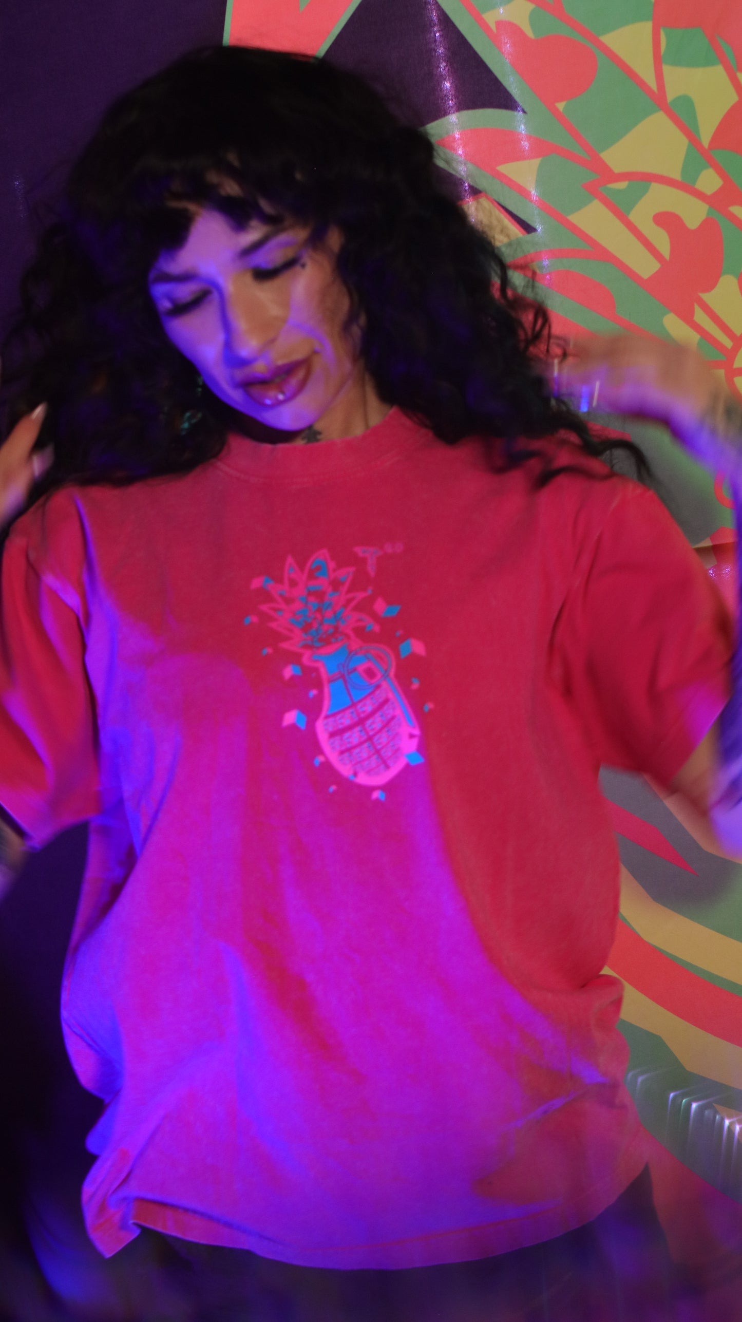 100% Cotton Pink Acid Wash Over Sized Hip Hop Short Sleeve Neon Magenta & Solar Blue
