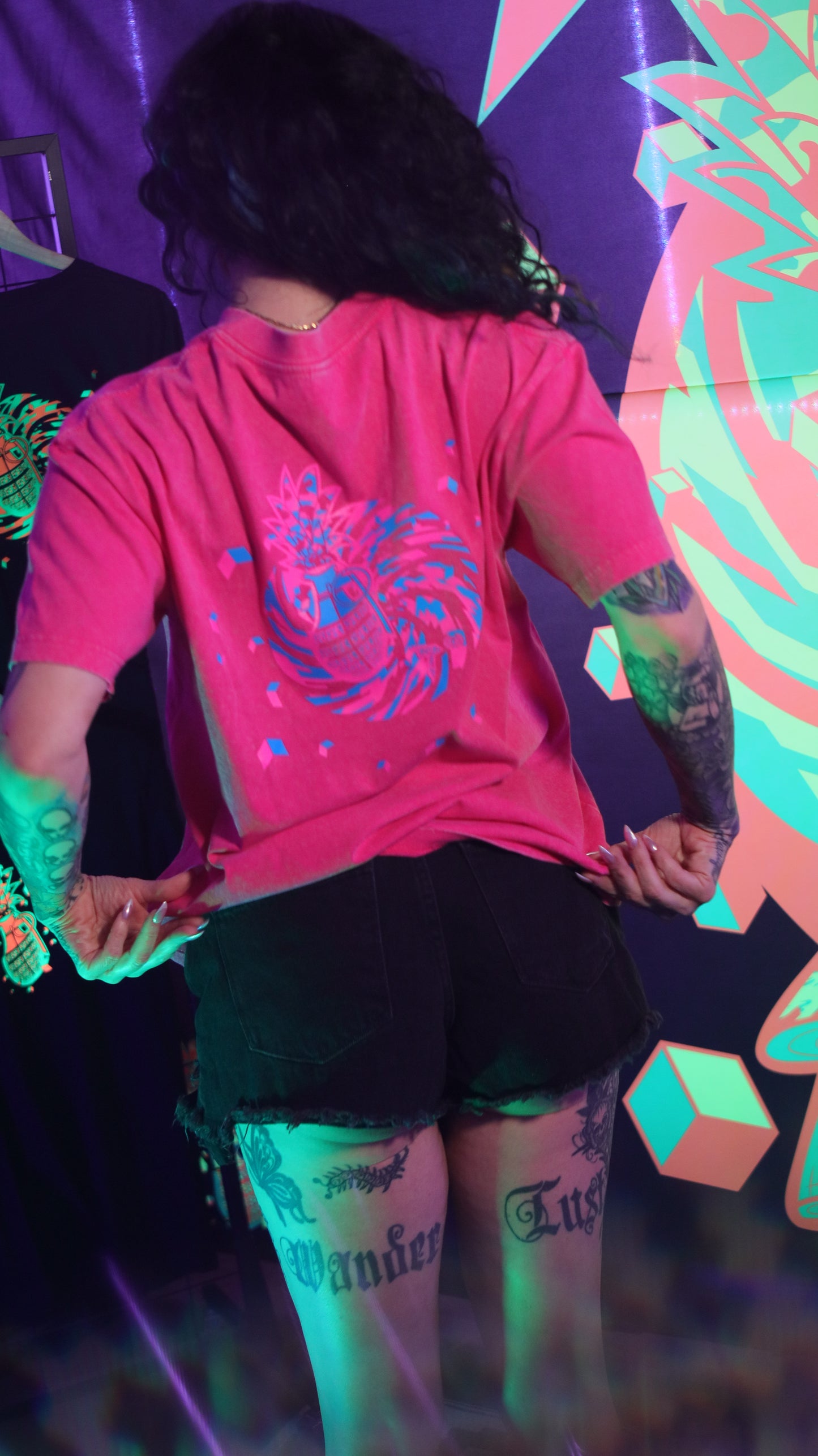 100% Cotton Pink Acid Wash Over Sized Hip Hop Short Sleeve Neon Magenta & Solar Blue