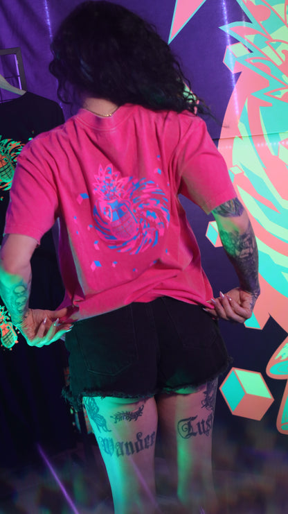 100% Cotton Pink Acid Wash Over Sized Hip Hop Short Sleeve Neon Magenta & Solar Blue