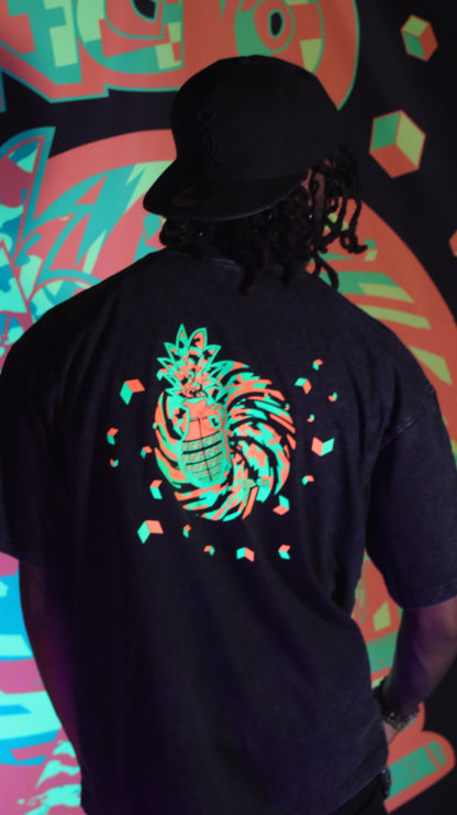 Black Over sized acid wash hip hop shirt short sleeve neon orange neon green