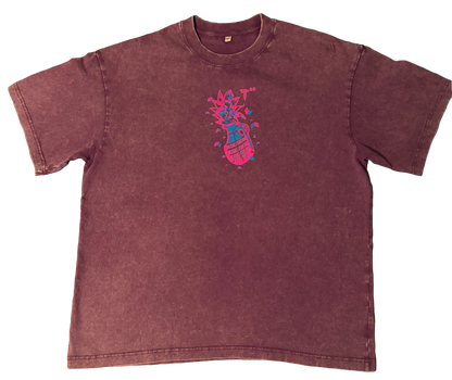 Purple Acid Wash Over Sized Hip Hop T Shirt Short Sleeve Neon Magenta Solar Blue