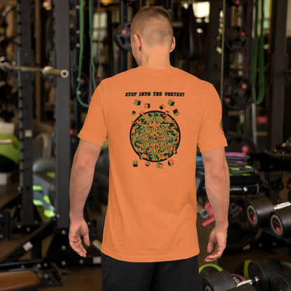 Back view of unisex t-shirt Shroomverse Compass in vibrant orange, showcasing unique graphic design in a gym setting.