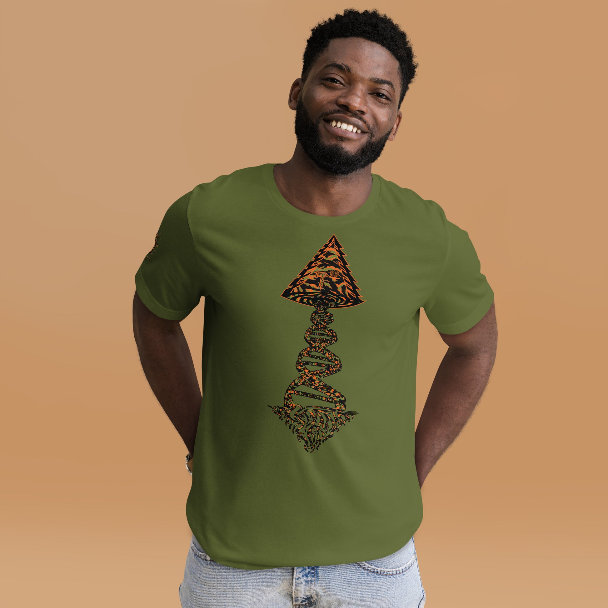 Tango Tree Of Life t-shirt featuring a colorful vortex design in tiger style, worn by a smiling man on a neutral background.