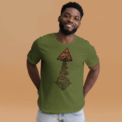 Tango Tree Of Life t-shirt featuring a colorful vortex design in tiger style, worn by a smiling man on a neutral background.