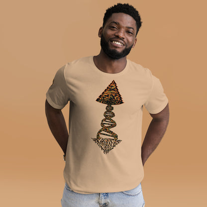 Tango Tree Of Life t-shirt featuring a unique tiger design on a man wearing it against a neutral background.