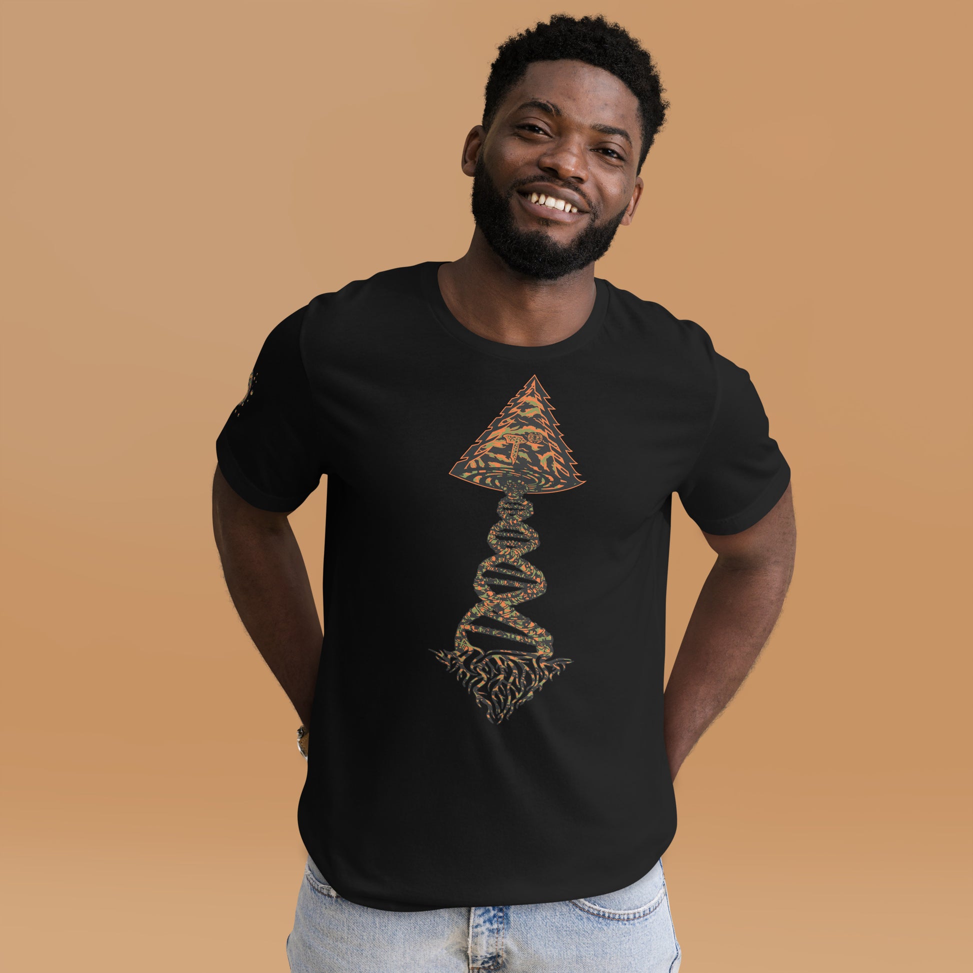 Tango Tree Of Life t-shirt with a vibrant design on a model against a neutral background.